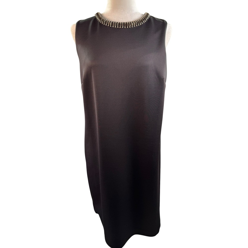 Cynthia Rowley Black Sleeveless Shift Dress Embellished Crystal Neckline Size 10